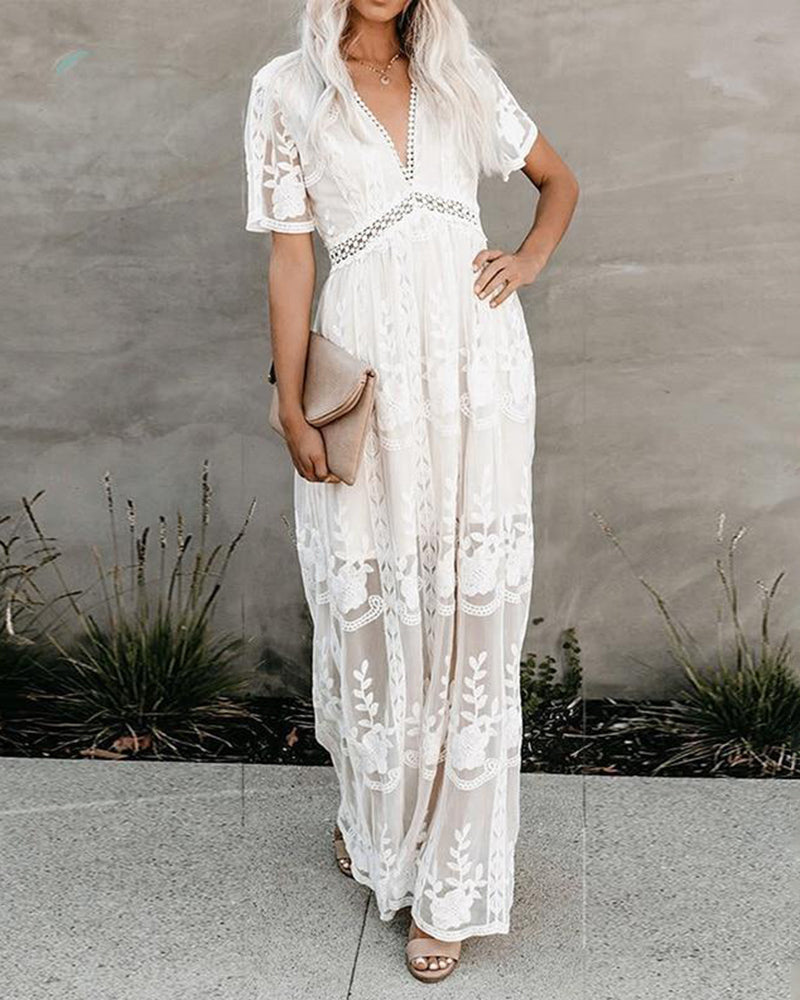 LB | Boho Maxi Dress Haftowana biała koronkowa luźna wakacyjna sukienka plażowa maxi