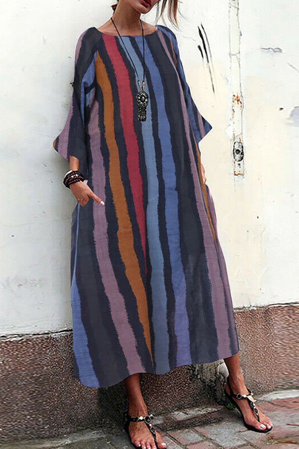 LB | Vintage sukienka maxi w paski z kieszeniami