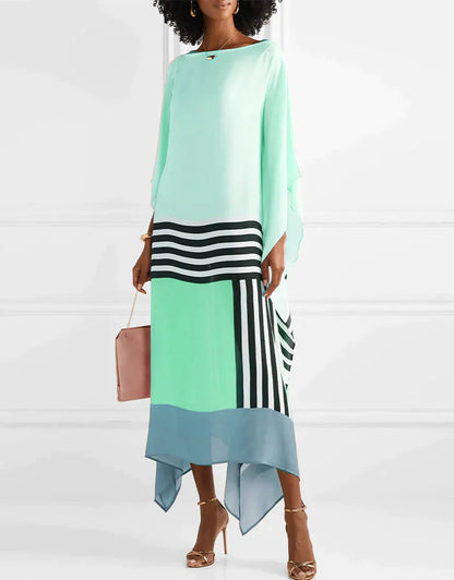 LB | Nowoczesna sukienka midi w stylu batwing z eleganckim geometrycznym nadrukiem