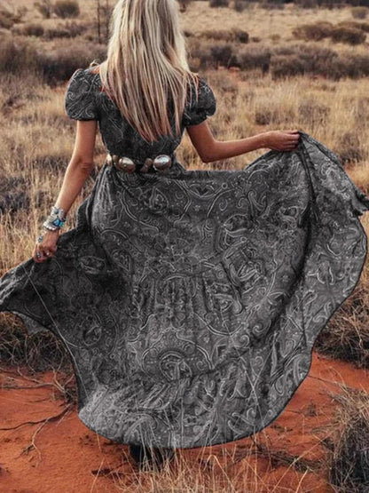 LB | Full Size Drukowana sukienka maxi z bufiastymi rękawami Plus Size
