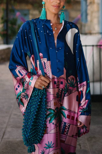 LB | Seaside Stroll Satin Unique Print Button Up Long Sleeve Slit Kaftan Midi Dress