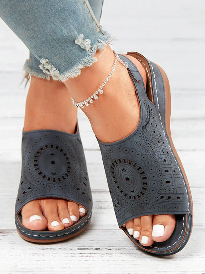 AS | Ethnic Pattern Punched Hollow Velcro Retro Sandały