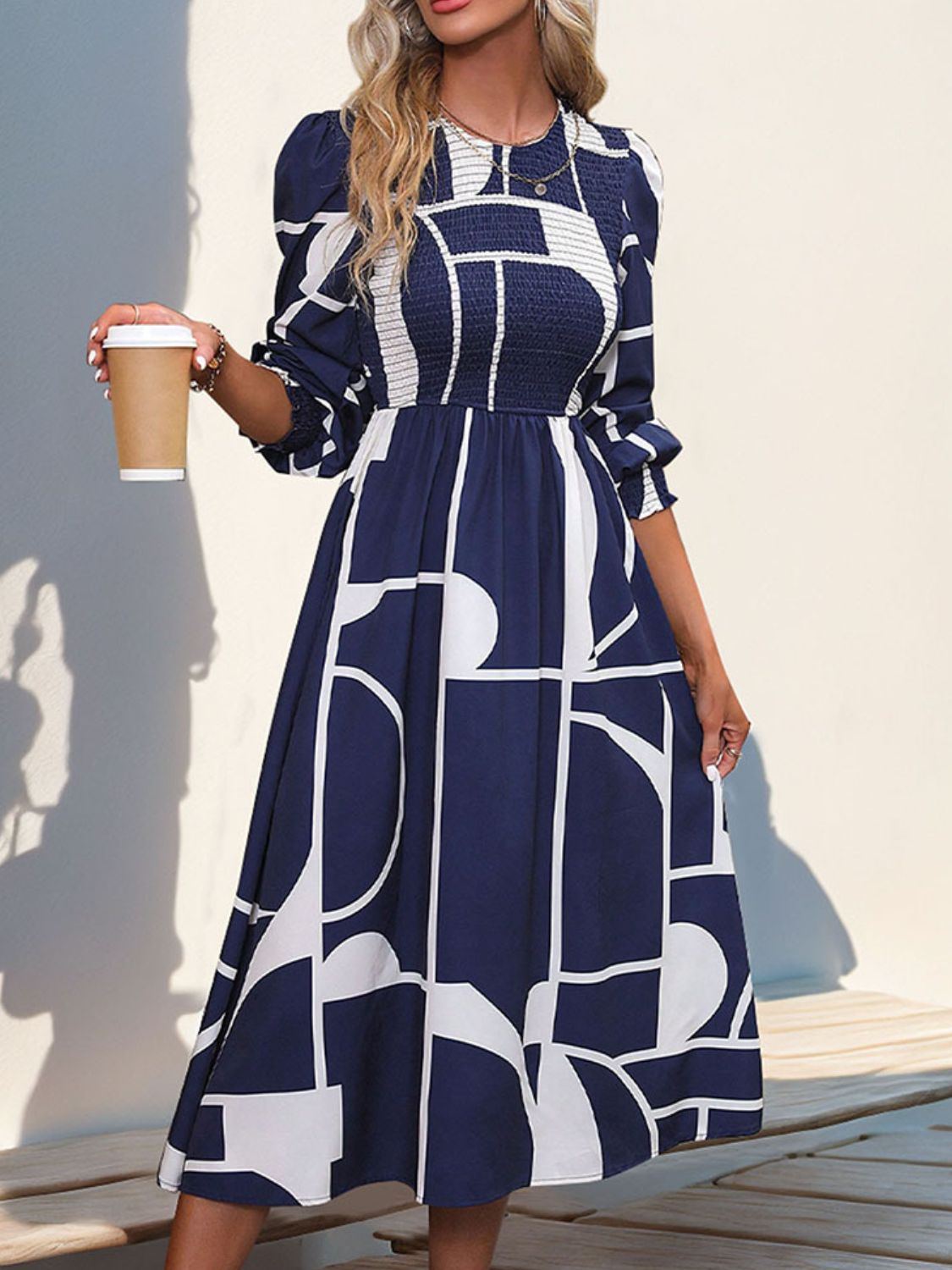 LB | Smocked Colour Block Sukienka midi z długim rękawem