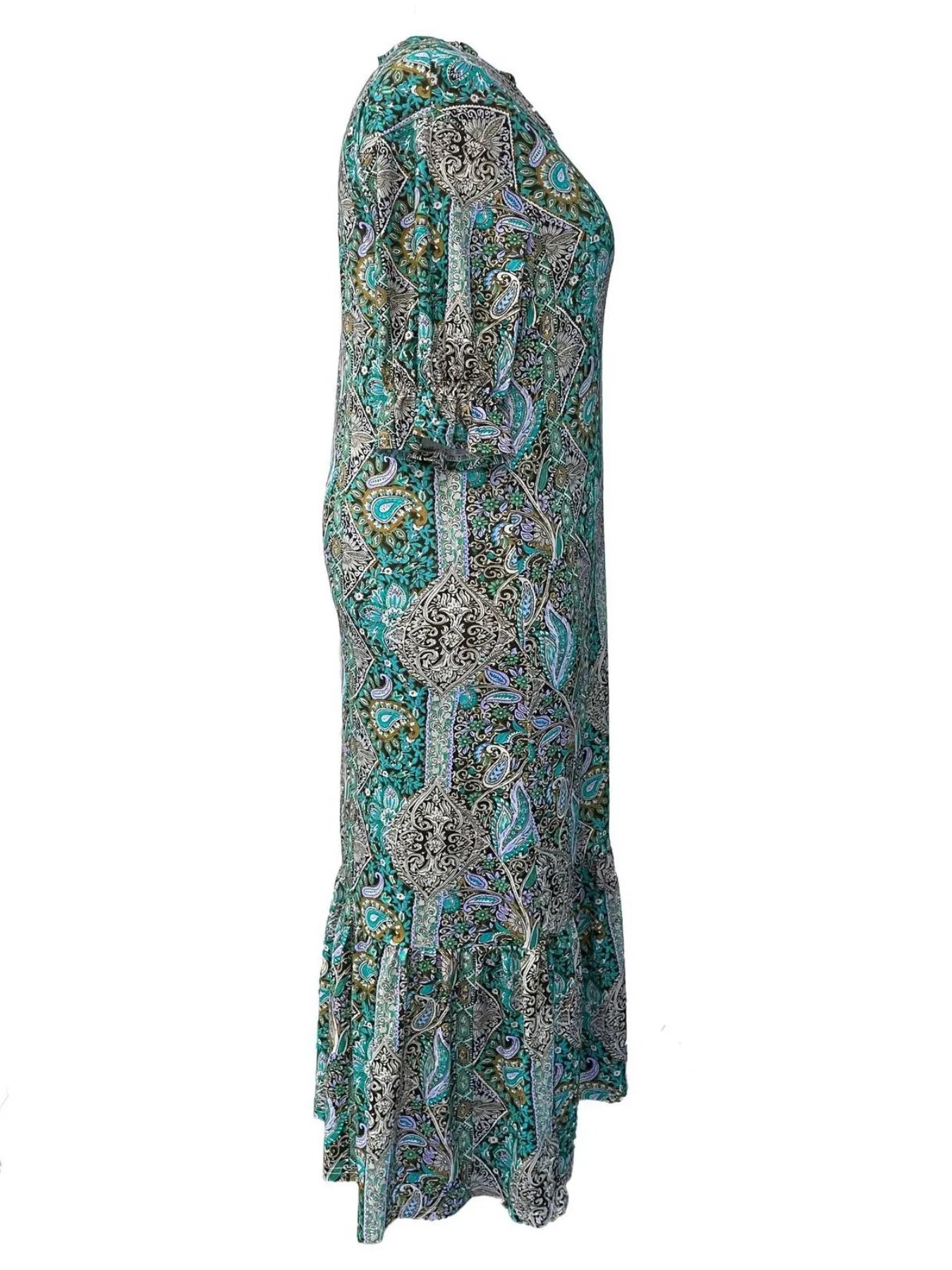LB | Full Size Bohemian Paisley Print Ruffle Hem Midi Dress Plus Size