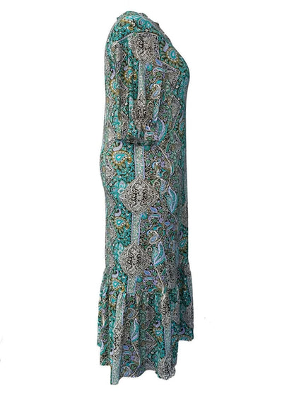 LB | Full Size Bohemian Paisley Print Ruffle Hem Midi Dress Plus Size