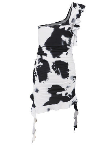 LB | Marszczona sukienka mini na jedno ramię w kolorze tie-dye