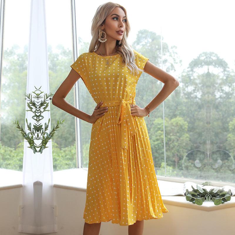 LB | Summer Women Polka Dot Short Sleeve Dress Casual Bandage Party Pleated Midi Dresses Elegant Green Office Lady Clothes