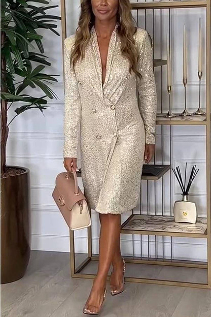 LB | Luxe Feeling Sequin Button Up Long Sleeve Blazer Midi Dress