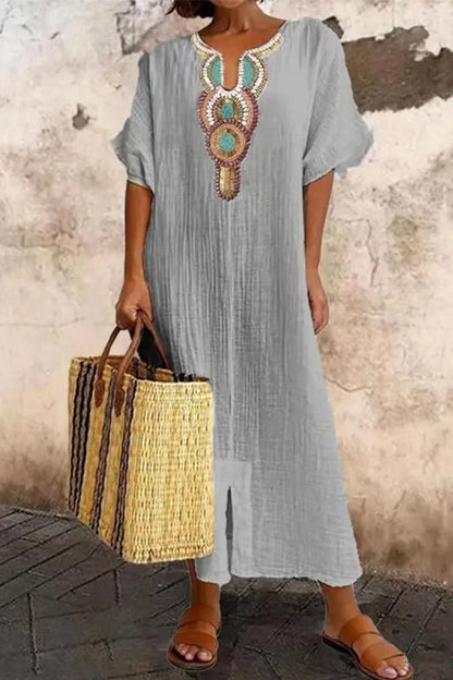 LB | V-Neck Casual Loose Retro Ethnic Print Sukienka Maxi z krótkim rękawem