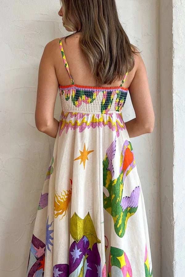 LB | Feel Effortlessly Linen Blend Unique Print Smocked Back Midi Dress