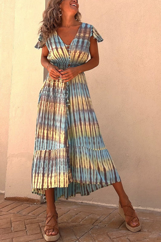 LB | Lorina Tie-dye Print Button Smocked Waist Backless Midi Dress