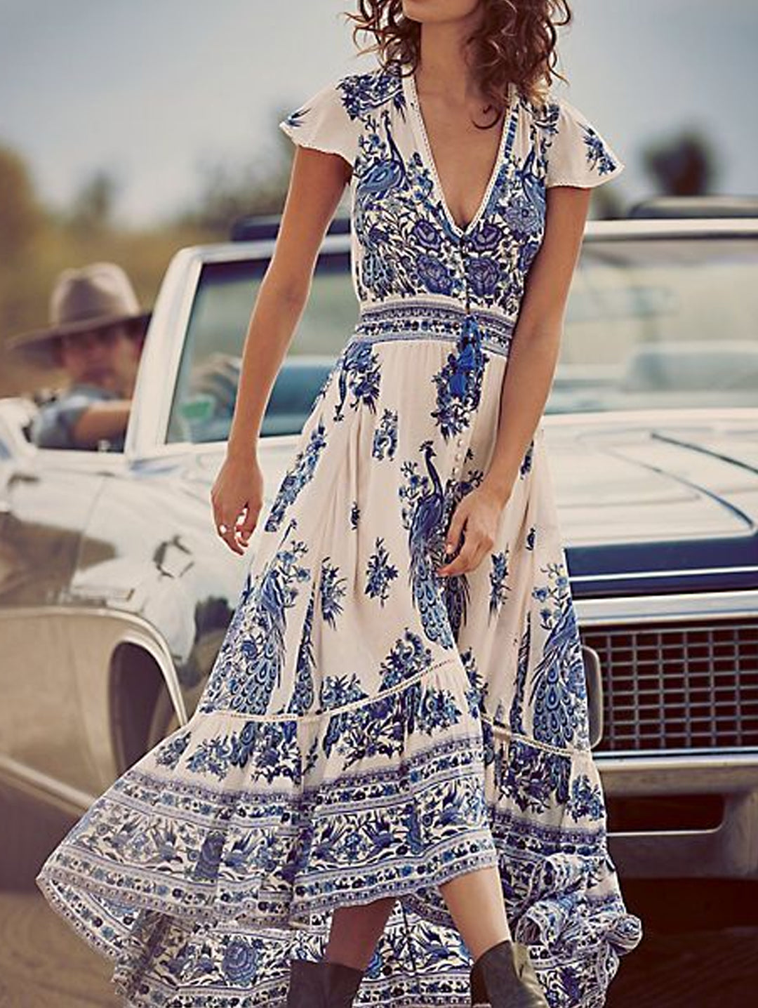 LB | White Peacock Floral Print Maxi Dress Cap Sleeve