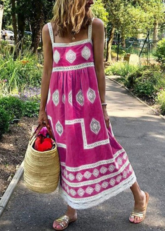 LB | Rose Red Square Neck Boho Print Tank Maxi Dress