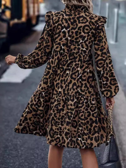 LB | Ruched Leopard Mock Neck Sukienka mini z długim rękawem