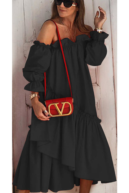 LB | Fionna Off Shoulder Ruffle Irregular Trim Luźna sukienka midi