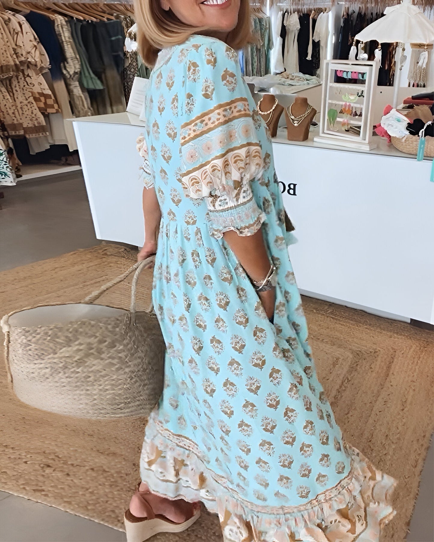 LB | Sukienka maxi w stylu boho - Dekolt w szpic - Luźny krój - Lekka i przewiewna