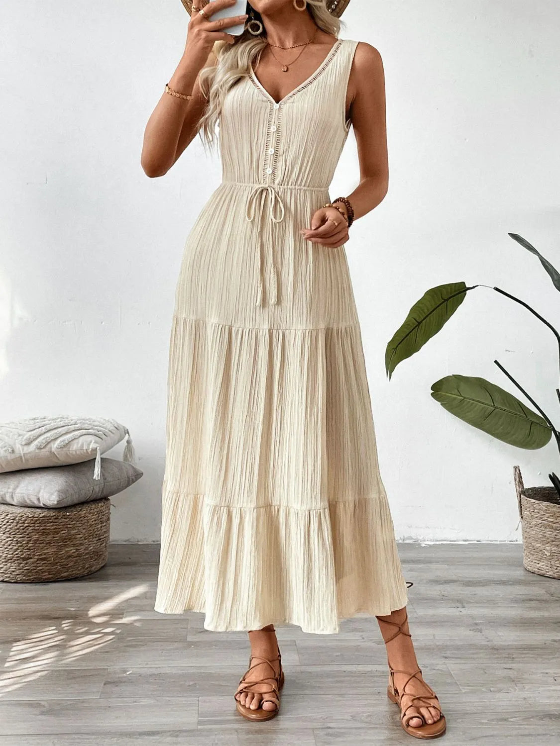 LB | Ozdobny guzik V-neck Sukienka midi tank bez rękawów