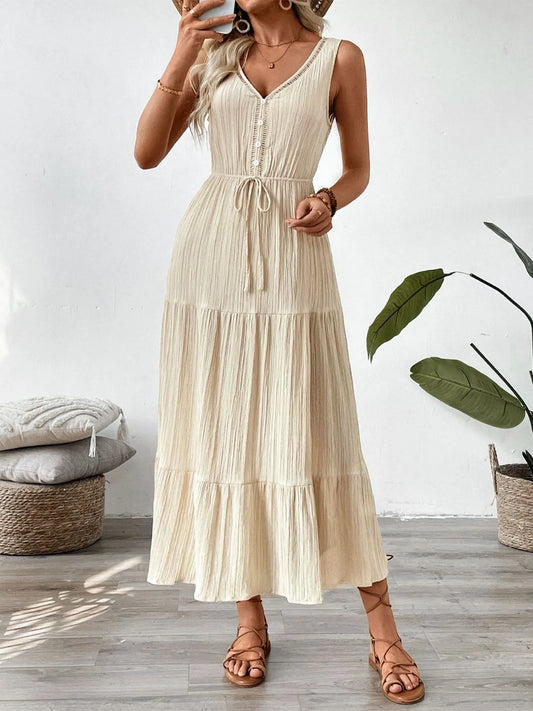 LB | Ozdobny guzik V-neck Sukienka midi tank bez rękawów