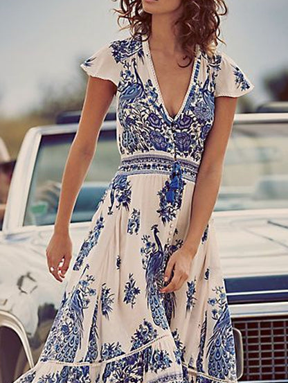 LB | White Peacock Floral Print Maxi Dress Cap Sleeve