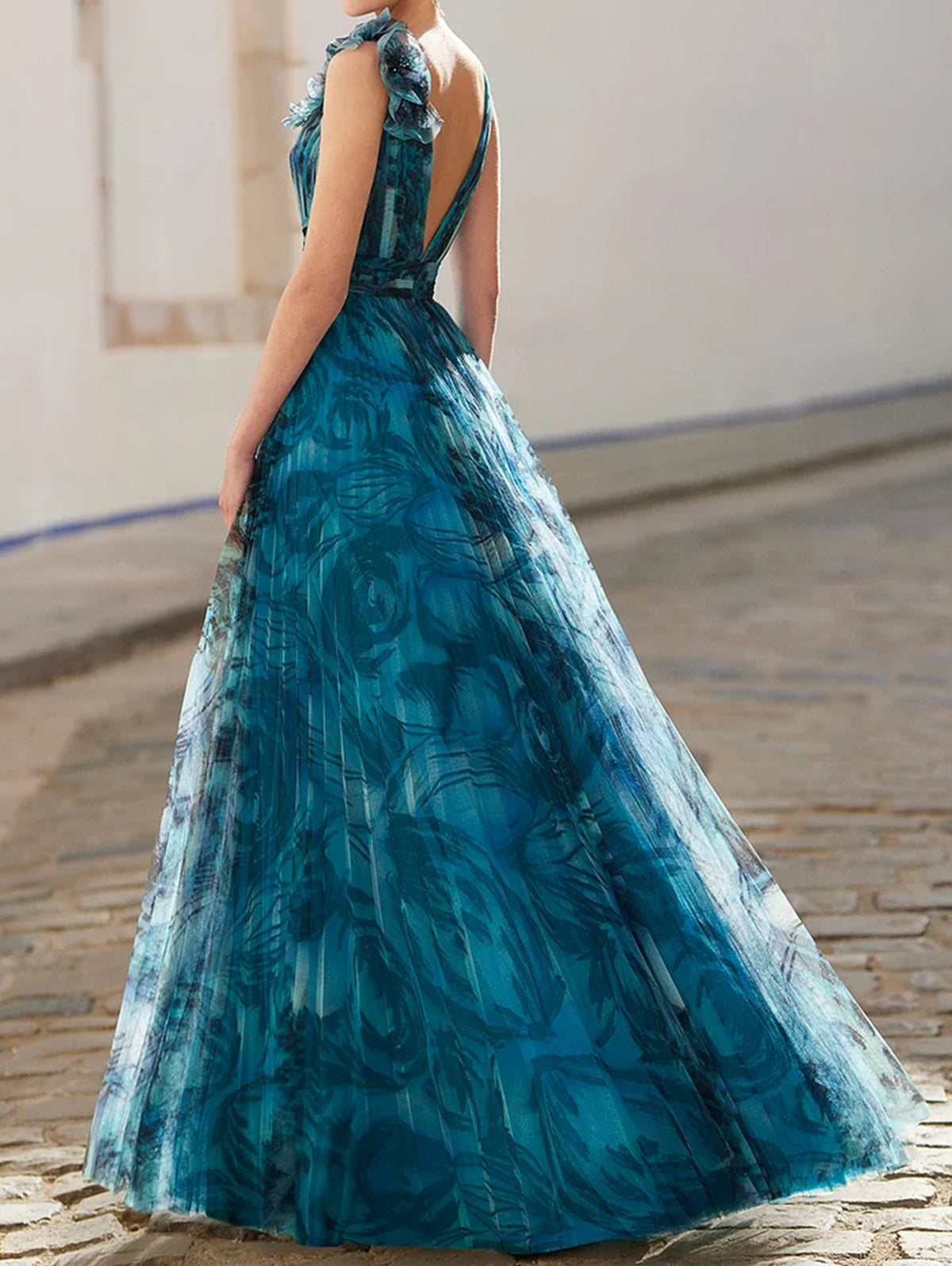 LB | Peacock Blue Stereo Floral Decor Allover Pattern Maxi Dress