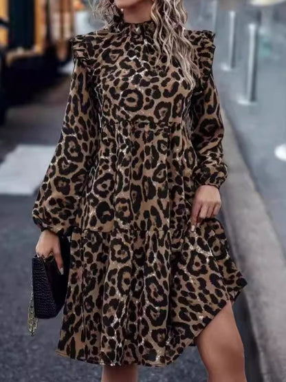 LB | Ruched Leopard Mock Neck Sukienka mini z długim rękawem