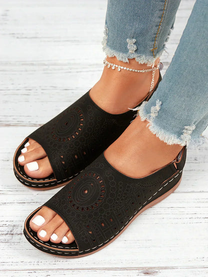 AS | Ethnic Pattern Punched Hollow Velcro Retro Sandały