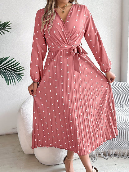 LB | Elegancka kontrastowa sukienka Maxi w kropki z plisowanym dekoltem w serek dla kobiet