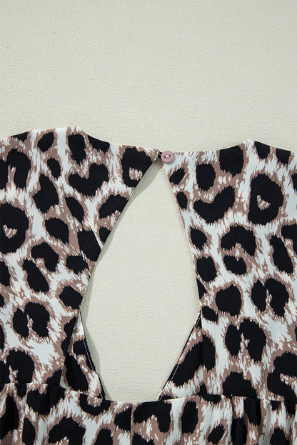 LB | Khaki Cheetah Print Backless V-Neck Luźna dopasowana mini sukienka