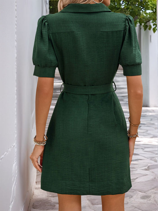 LB | Perfee Tie Waist Button Down Sukienka mini z krótkim rękawem