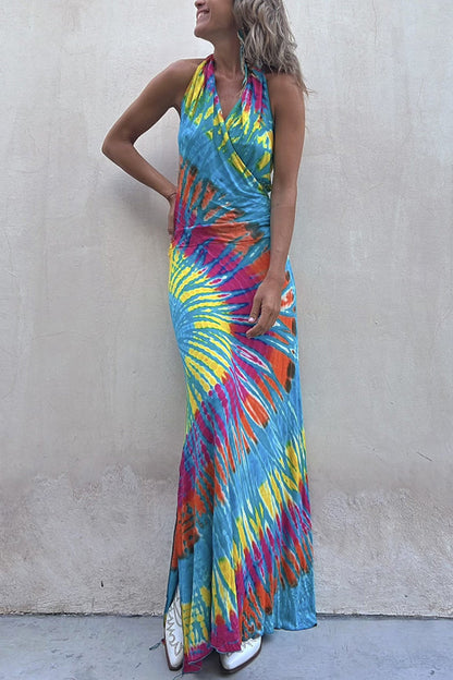 LB | Tie-dye Print Backless Stretch Maxi Dress z dekoltem w serek