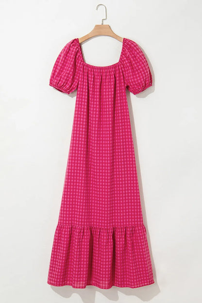 LB | SYNZ Gingham Check Bubble Sleeve Ruffled Maxi Dress