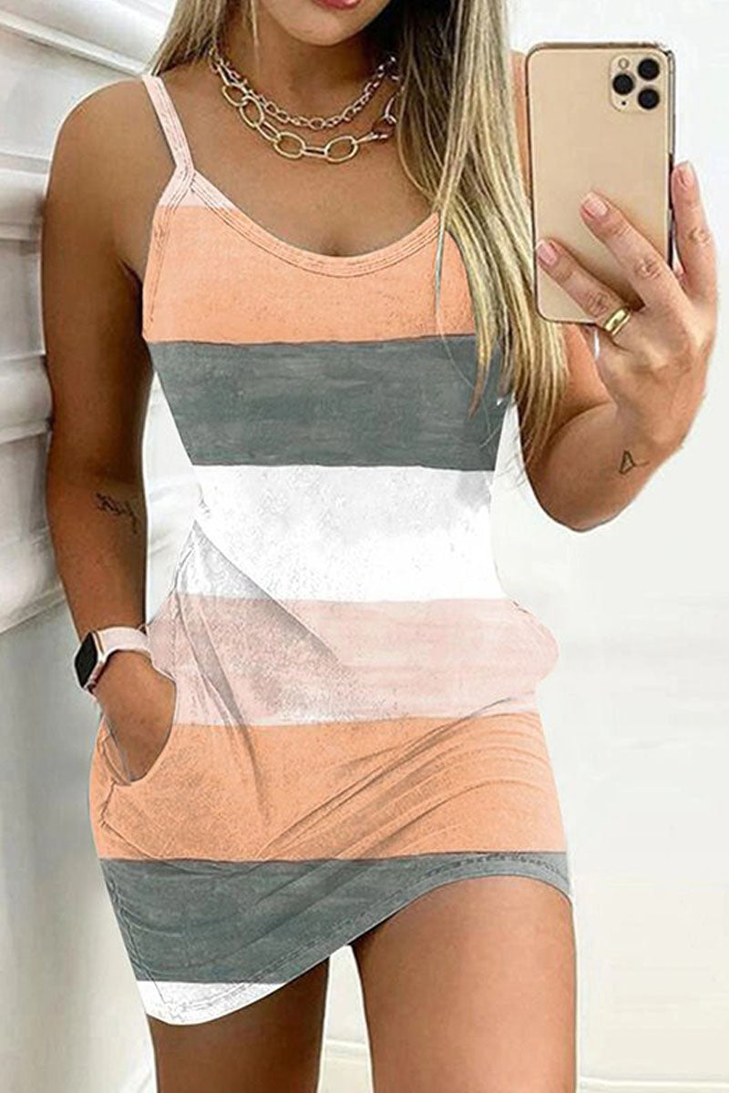 LB | Sukienki damskie Pasek z nadrukiem Kieszeń Casual Mini Sukienka