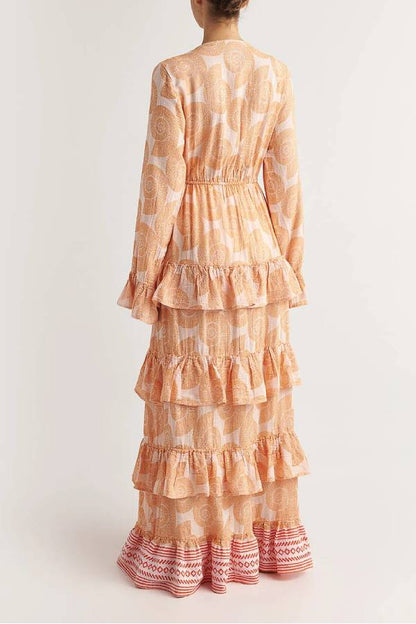 LB | Soleil Shell Print Drawstring Waist Striped Ruffle Cover-up Maxi Dress