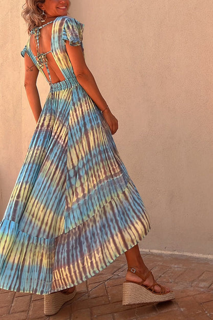 LB | Lorina Tie-dye Print Button Smocked Waist Backless Midi Dress