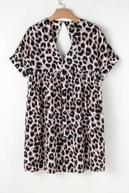 LB | Khaki Cheetah Print Backless V-Neck Luźna dopasowana mini sukienka