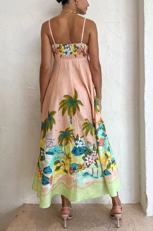 LB | Coconut Scenery Linen Blend Tropical Print Smocked Back Midi Dress