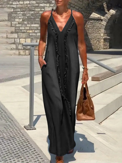 LB | Raw Edge V-neck pocket maxi dress bez rękawów