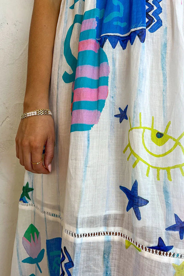 LB | She's The Fun Linen Blend Playful Print Ladder Trim Midi Dress