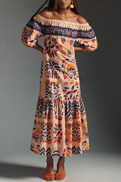 LB | Island Lover Printed off-the-shoulder, lejąca sukienka midi