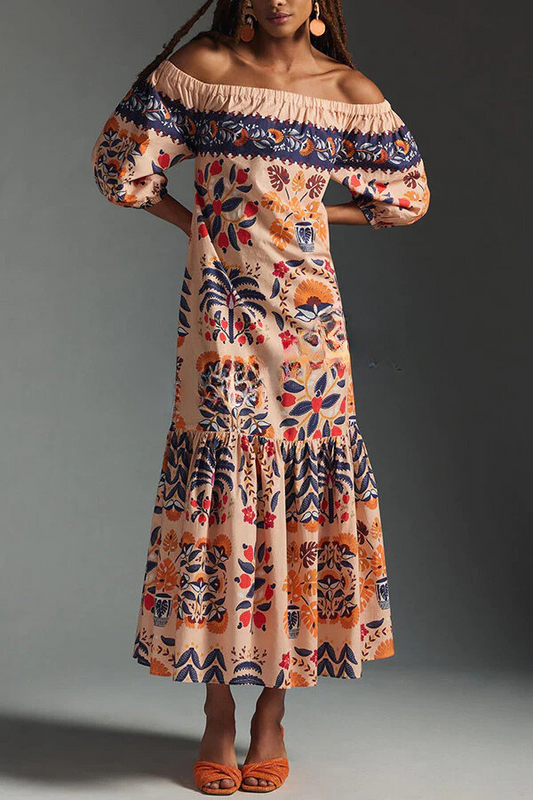 LB | Island Lover Printed off-the-shoulder, lejąca sukienka midi