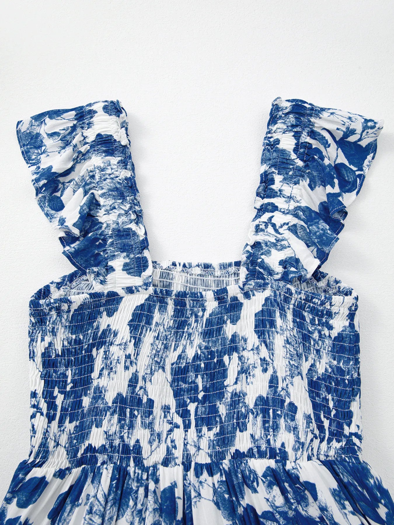 LB | Floral Ruffle Strap Square Neck Smocked Bodice Midi Dress