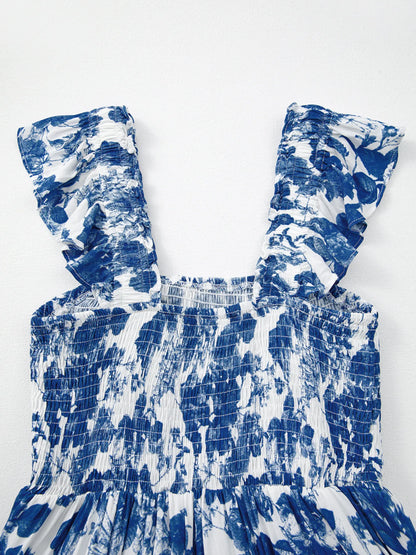 LB | Floral Ruffle Strap Square Neck Smocked Bodice Midi Dress