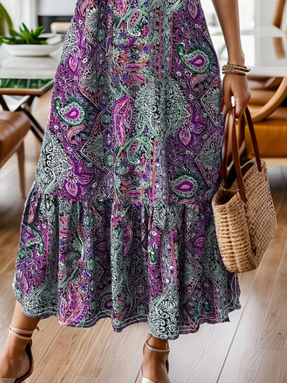 LB | Full Size Bohemian Paisley Print Ruffle Hem Midi Dress Plus Size