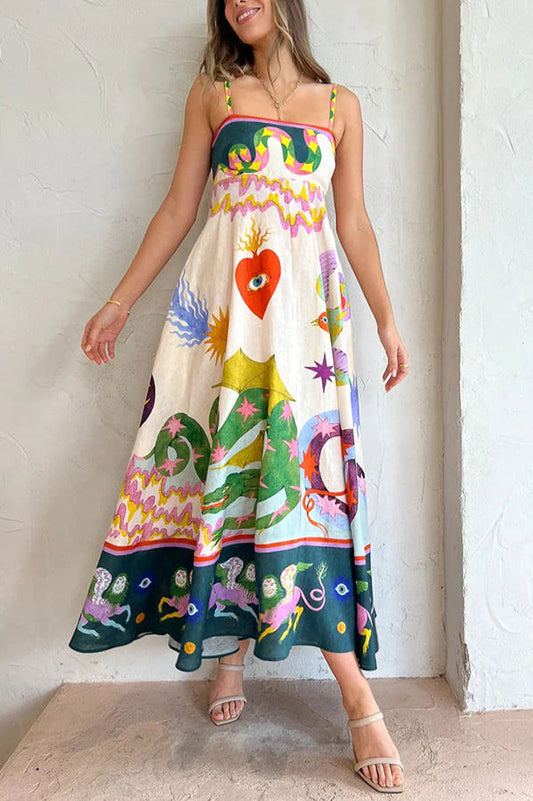 LB | Feel Effortlessly Linen Blend Unique Print Smocked Back Midi Dress