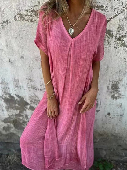 LB | Full Size V-Neck Sukienka midi z krótkim rękawem Plus Size