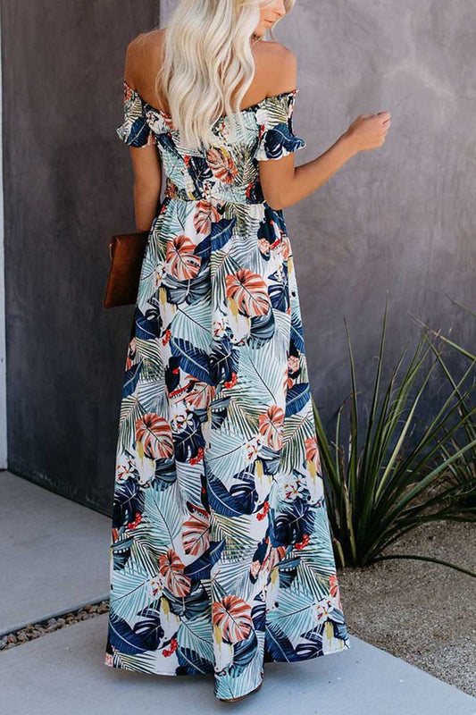 LB | Casual Leaf Print Off Shoulder Wrap Chest Maxi Dress