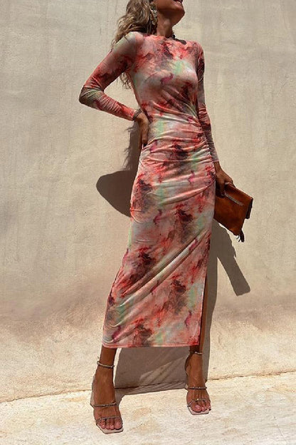 LB | Charm Lady Mesh Overlay Tie Dye Print Long Sleeve Ruffled Stretch Midi Dress