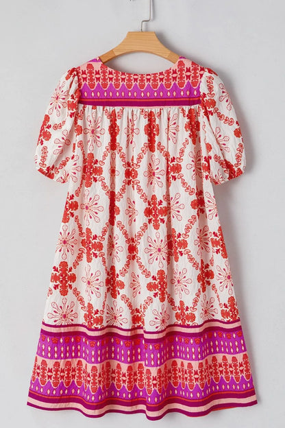 LB | Boho Floral Sukienka mini z krótkim rękawem i wiązaniem na szyi