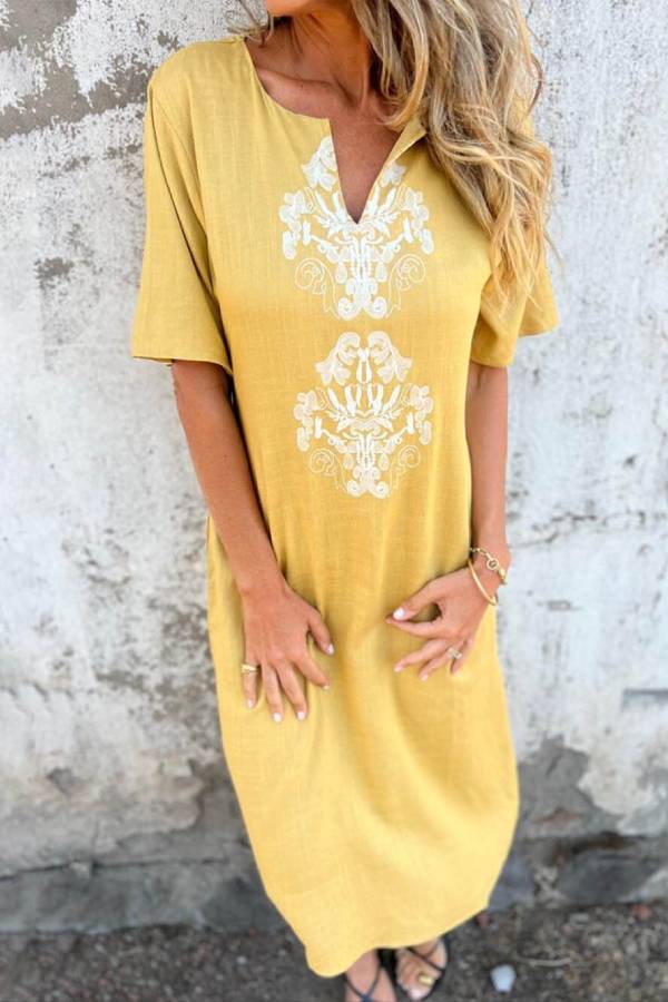 LB | Bohemian Print Lniana luźna sukienka midi