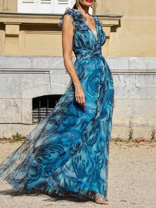 LB | Peacock Blue Stereo Floral Decor Allover Pattern Maxi Dress